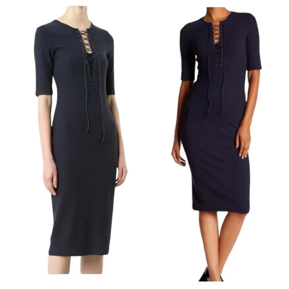 Derek Lam 10 Crosby Black Ribbed Knit Lace Up Bodycon Midi Dress Size 6 NEW - Picture 1 of 9